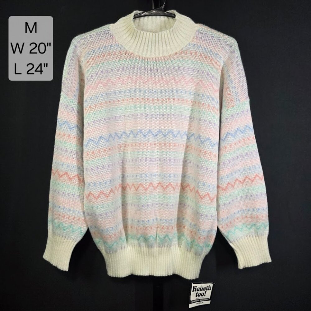 NWT Vintage Keneth Too Sweater Womens M 80s 90s USA Pastel Grandmacore Mock Neck